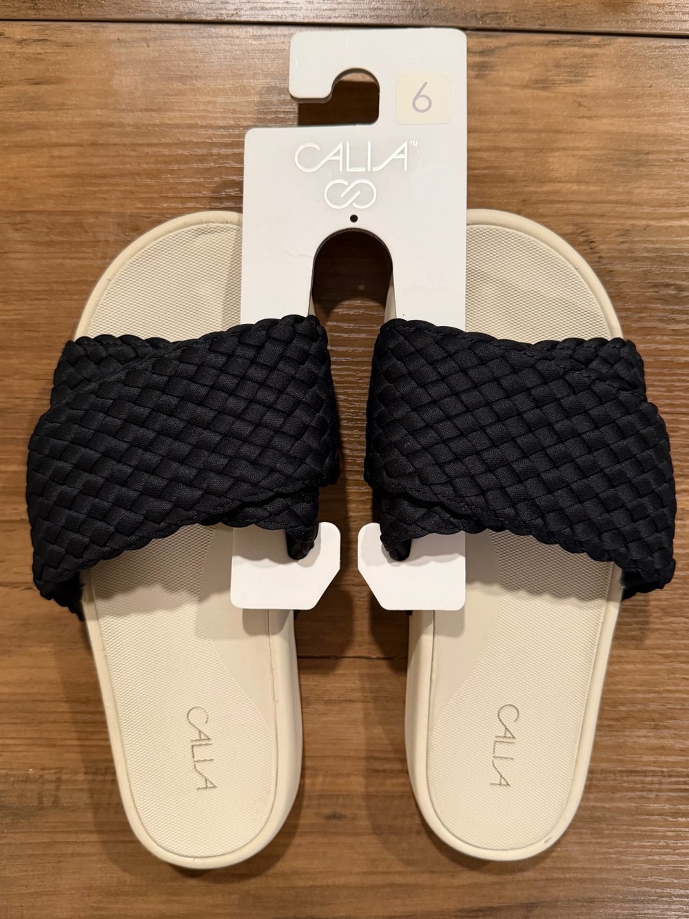 CALIA by Carrie Underwood Black Braided Slide Sandals with Cream Footbed size 6